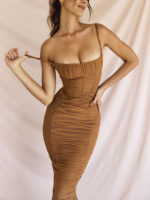 Robe longue froncée, corset élégant, bretelles spaghetti, dos nu, fermeture éclair – Image 3
