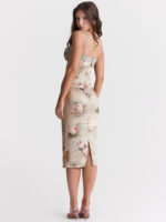 Robe mi-longue en dentelle imprimée, Satin, bretelles spaghetti, dos nu et taille haute – Image 2