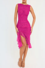 Robe midi froncée à volants, dos nu, sans manches, irrégulière – Image 10