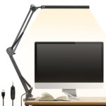 Lampe de bureau LED à bras oscillant en métal avec pince, 3 modes d'éclairage, adaptateur USB
