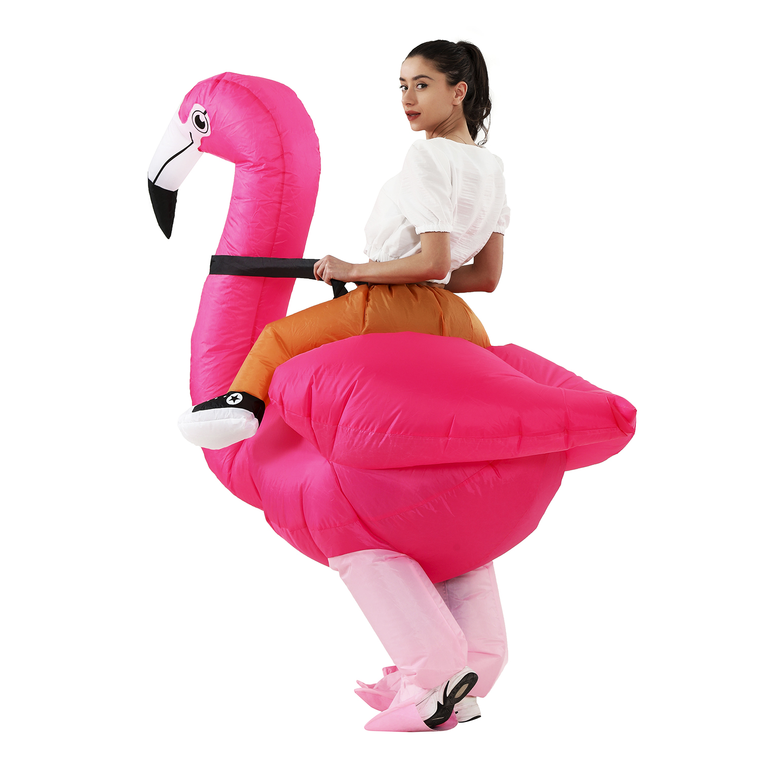 Costume gonflable de flamant rose monté, déguisement