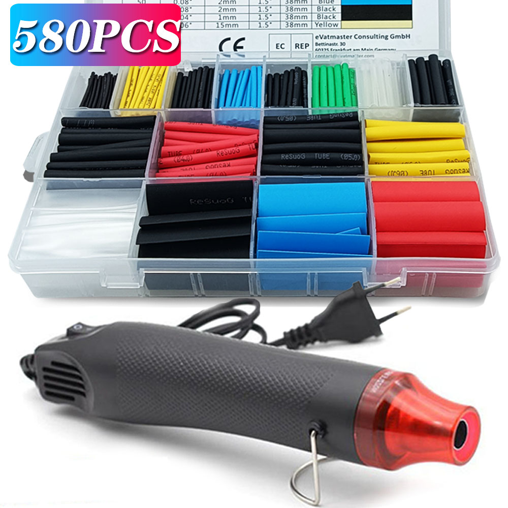 Kit de tubes thermo rétractables avec pistolet à air chaud 300 W, 580 pièces