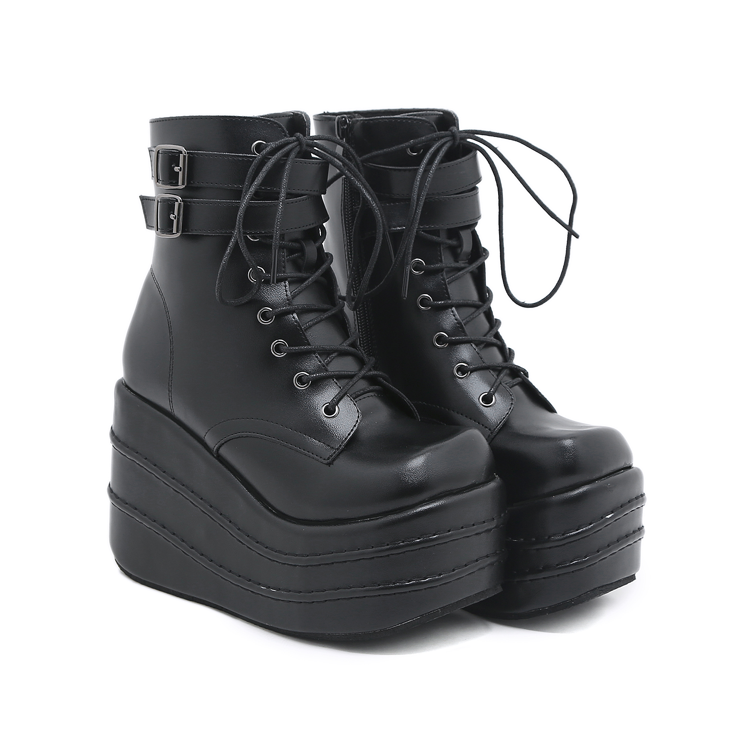 Bottes à lacets à plateforme pour femme, Cuir PU, talon compensé de 11 cm