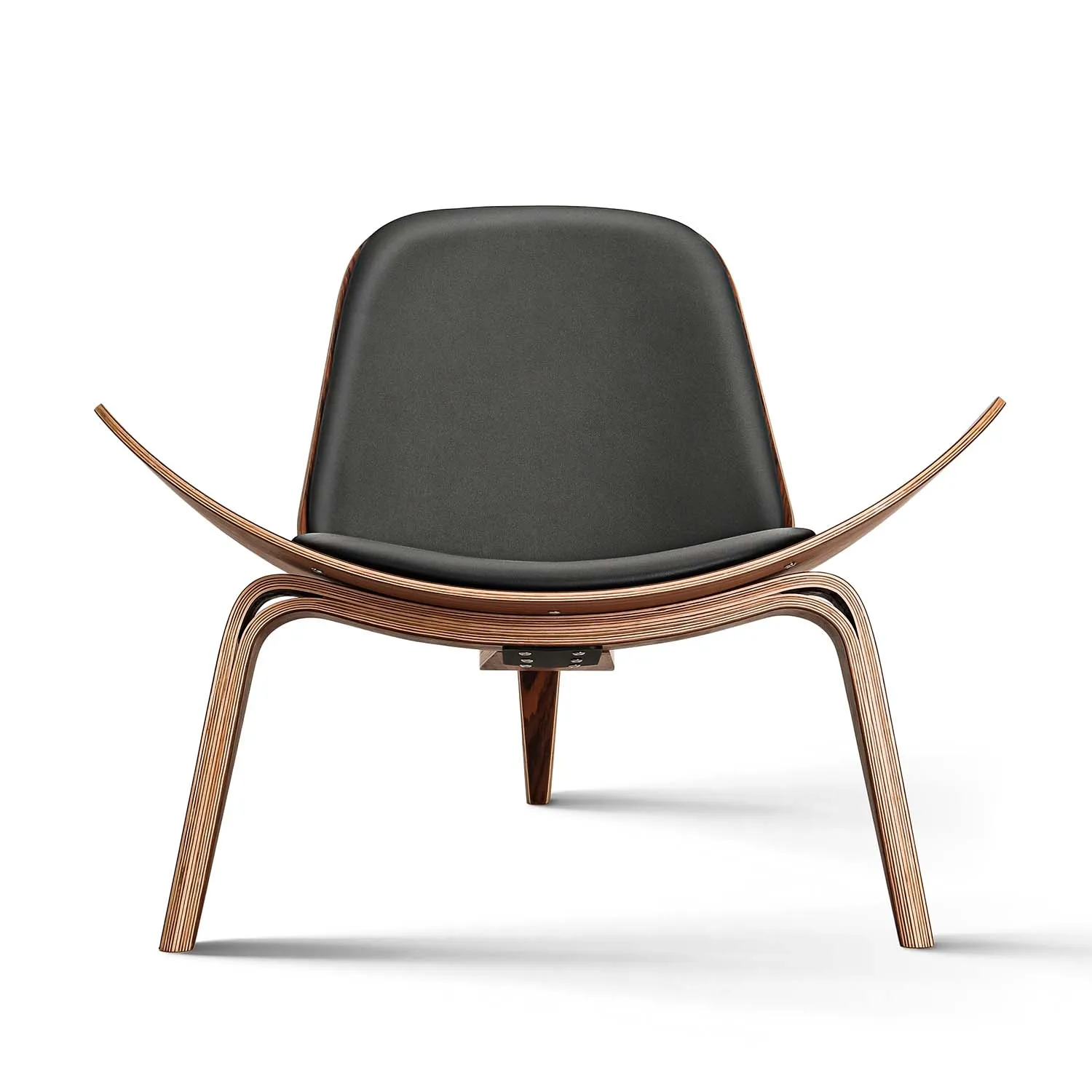 Fauteuil Shell en bois, assise et dossier rembourrés en similicuir, à trois pieds