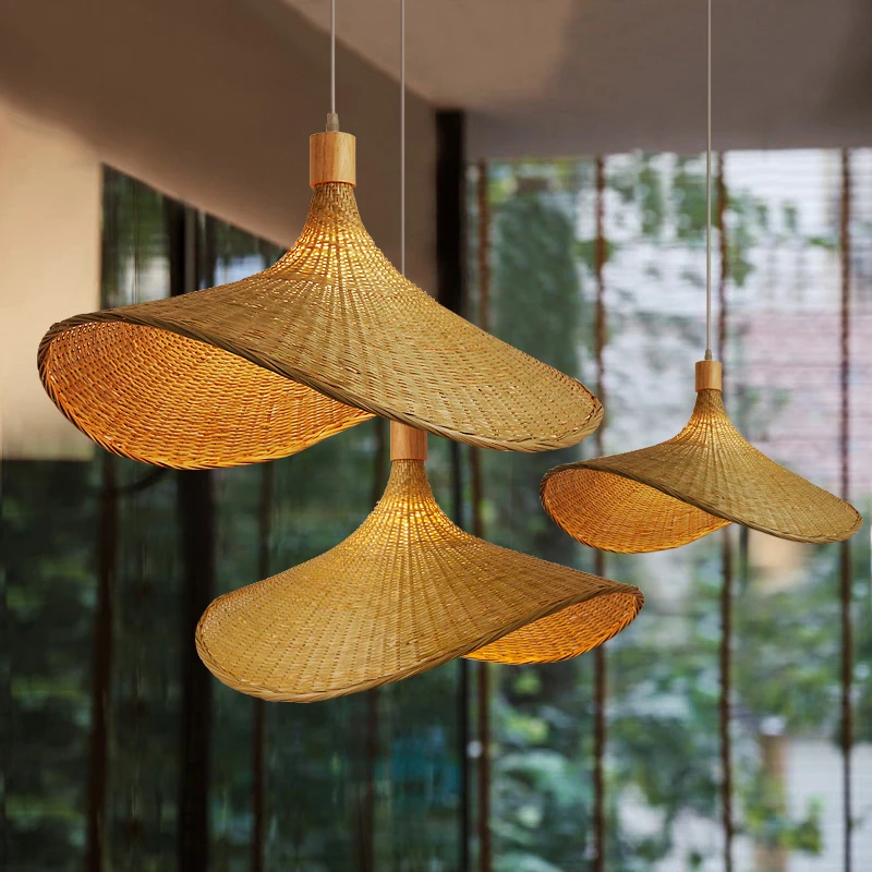 Suspension en bambou, lampe avec chapeau de paille, E27, de 30 à 80 cm