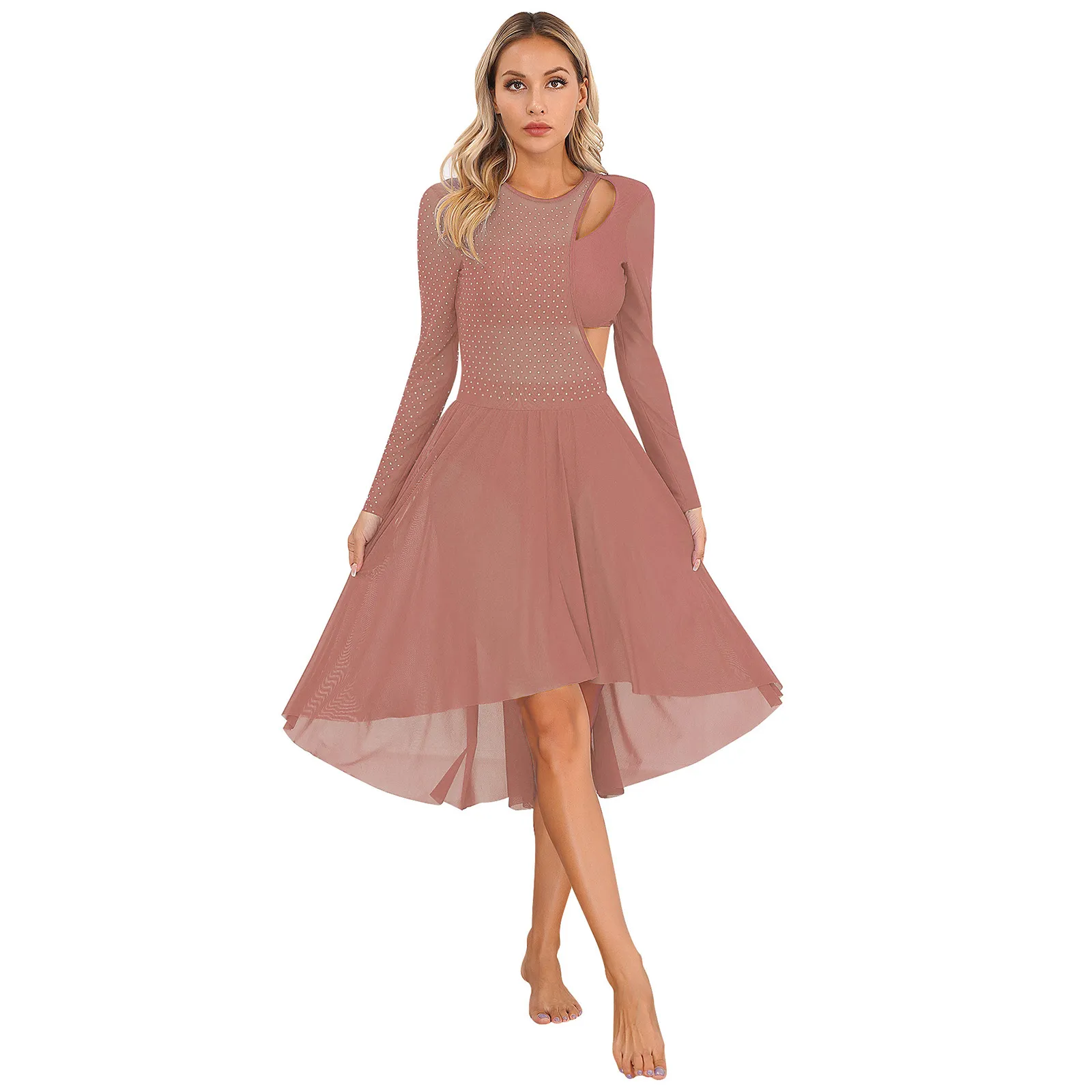 Robe de danse lyrique moderne, manches longues, paillettes, maille transparente, justaucorps