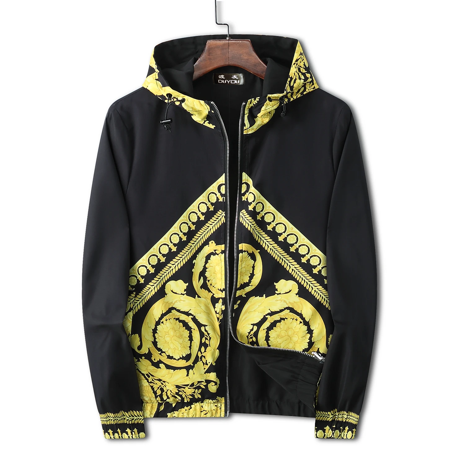 Veste en nylon imprimée, motif baroque, coupe droite, unisexe, noire