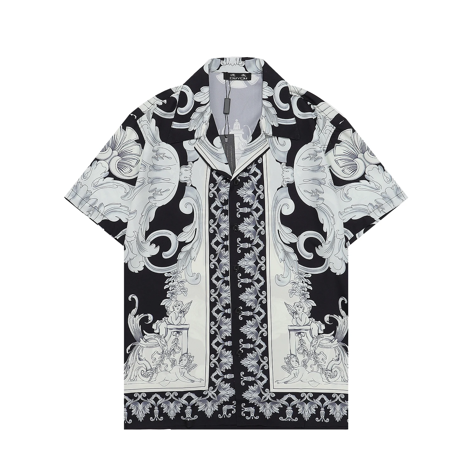 Chemise en coton pour homme, motif imprimé baroque, à manches courtes, décontractée