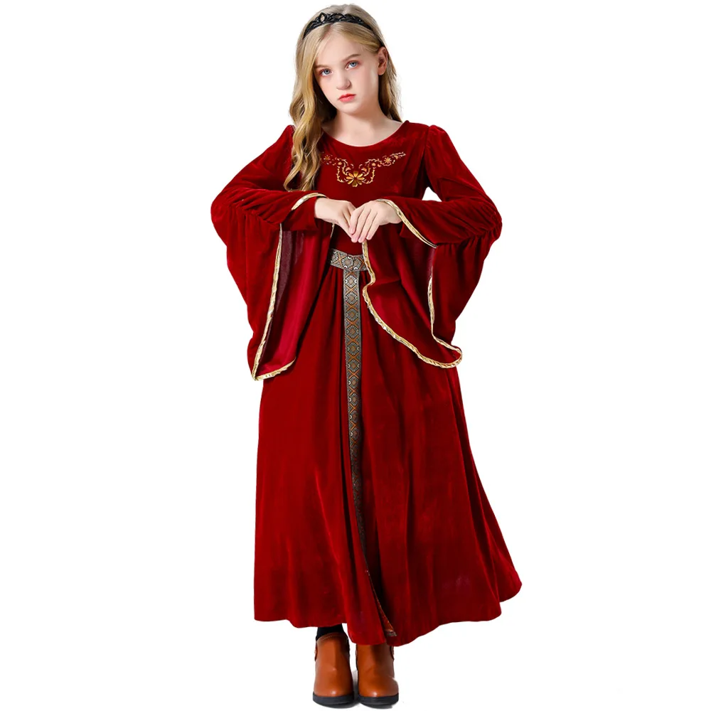 Costume de princesse médiéval pour fille, déguisement en velours avec manches en cloche
