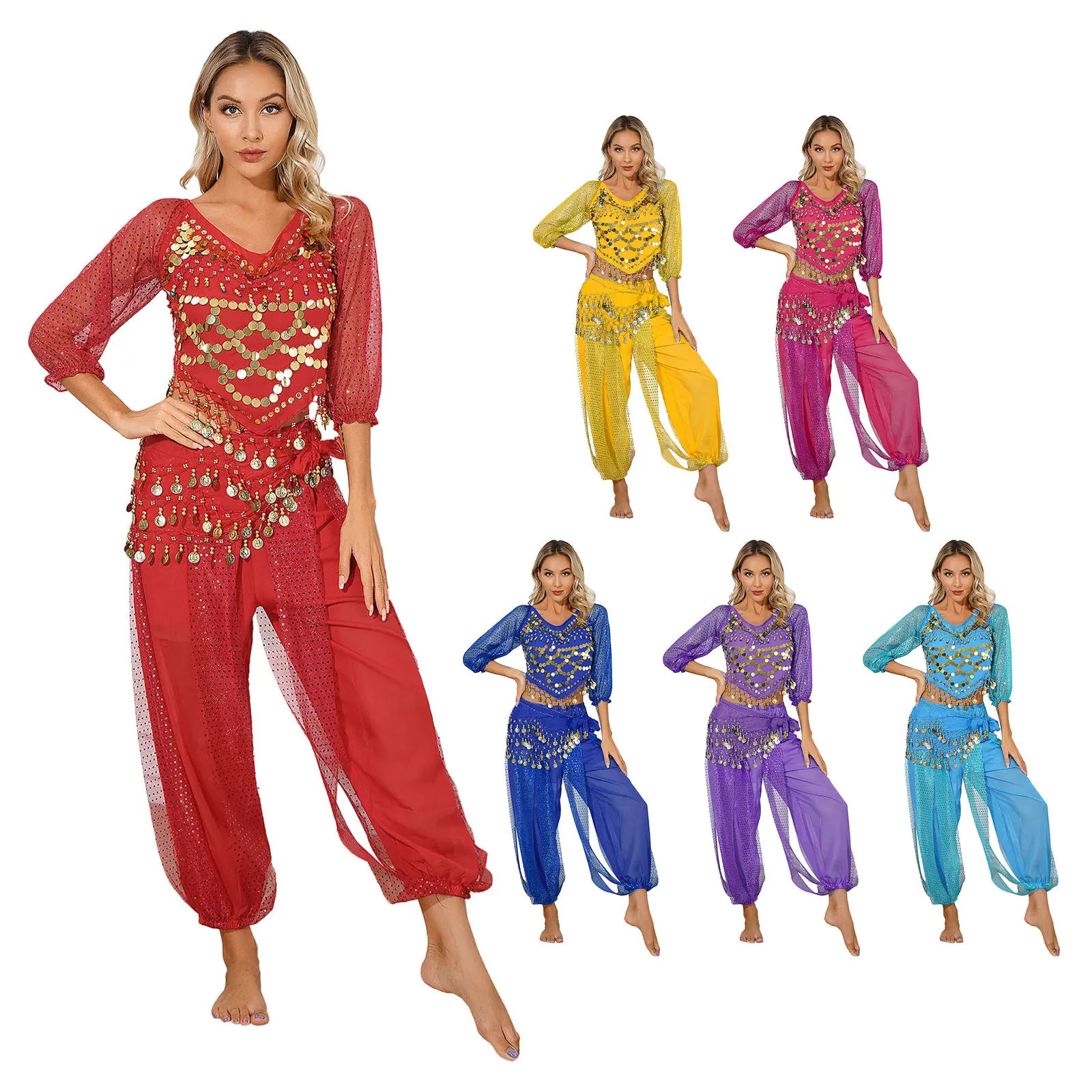 Costume de danse orientale, paillettes brillantes, élastique, taille unique