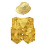 Ensemble gilet et chapeau à paillettes brillantes pour enfant, vêtements pour performance sur scène, 2 pièces – Image 2