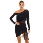Robe de danse à franges pour femme, manches longues, maille transparente, vêtement de danse latine