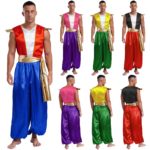 Costume de prince arabe pour homme avec ceinture, combinaison en satin, déguisement