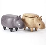 Repose-pieds avec rangement en forme d'hippopotame, tabouret rembourré en bois massif, artisanal