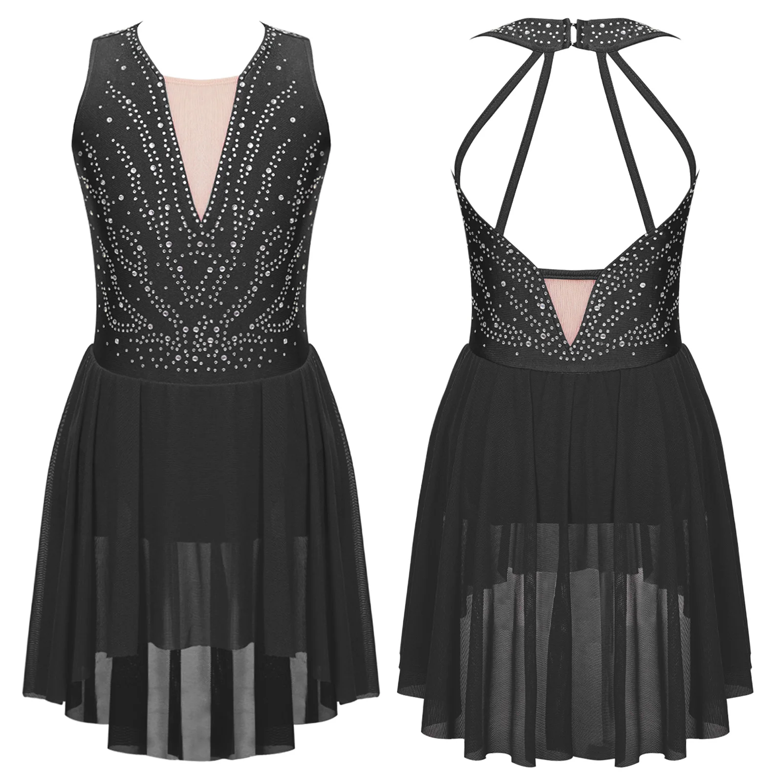 Costume de patinage artistique en strass, sans manches, dos à bretelles, justaucorps