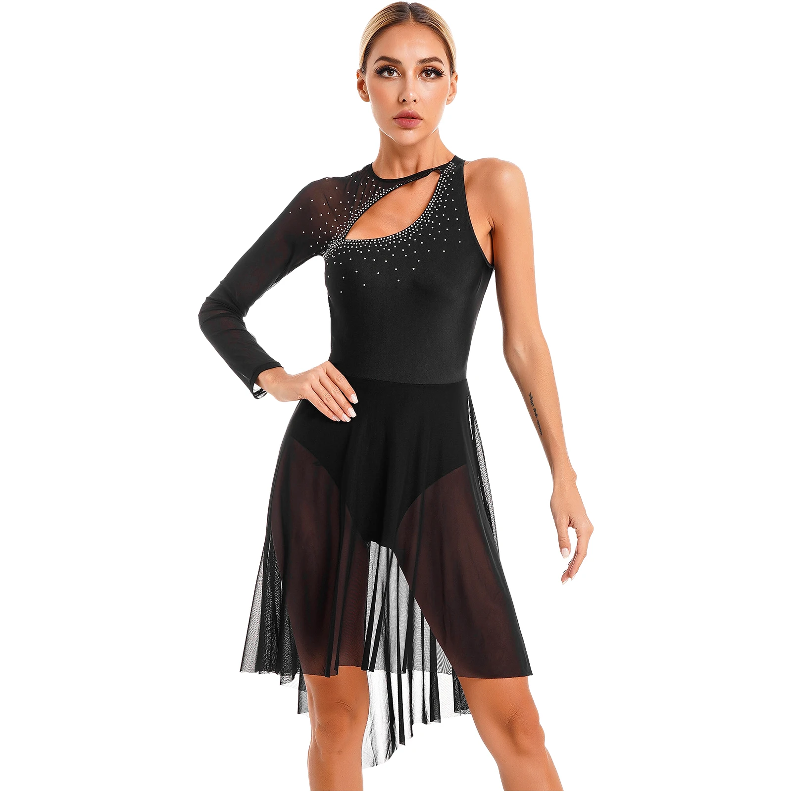 Robe de danse à manches longues en maille transparente, strass, justaucorps, patinage artistique