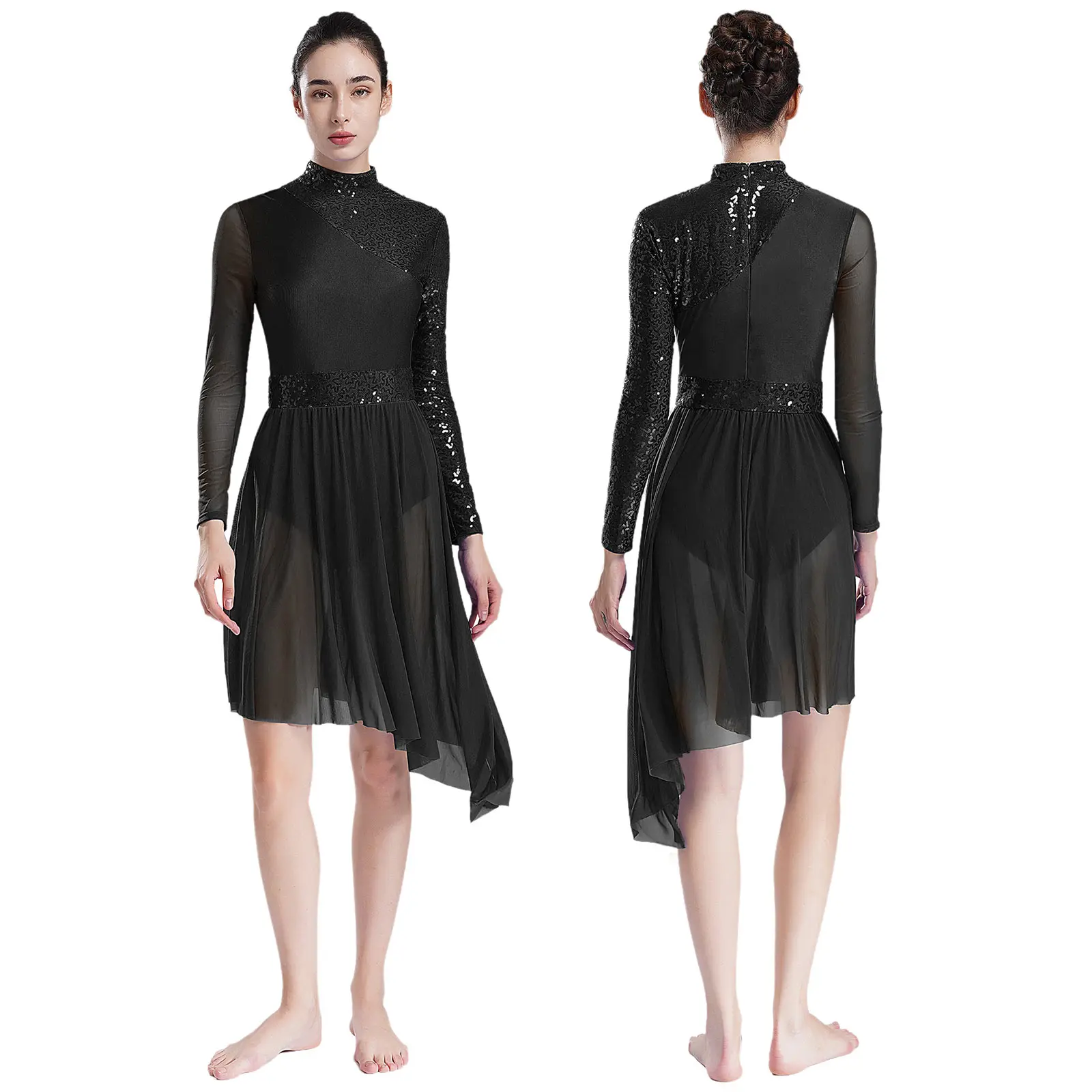 Costume de danse, patinage artistique, ourlet irrégulier, justaucorps, manches longues
