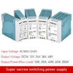 Alimentation à découpage étroite DIN Rail 10W 20W 40W 60W 100W, Entrée 100-240V AC, Sortie DC 5V 12V 15V 24V 48V, Boîtier aluminium, Haute efficacité – Image 3