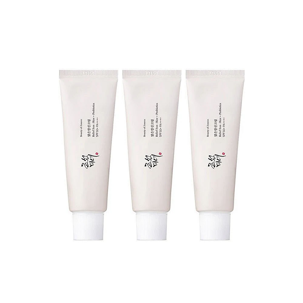 Lot de 3 Beauty of Joseon Relief Sun SPF50+ PA++++, protection UV, éclat & hydratation, écran solaire hydratant au riz et probiotiques, 3 x 50 ml