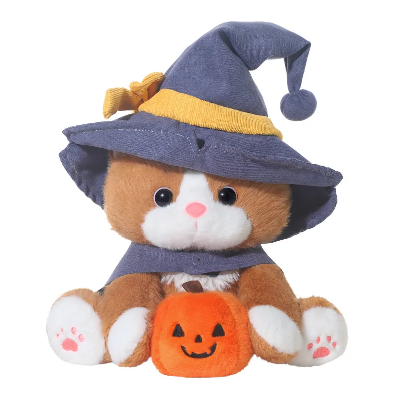 Peluche chat Halloween avec chapeau sorcier et citrouille, 25 cm