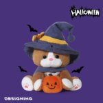 Peluche chat Halloween avec chapeau sorcier et citrouille, 25 cm – Image 3